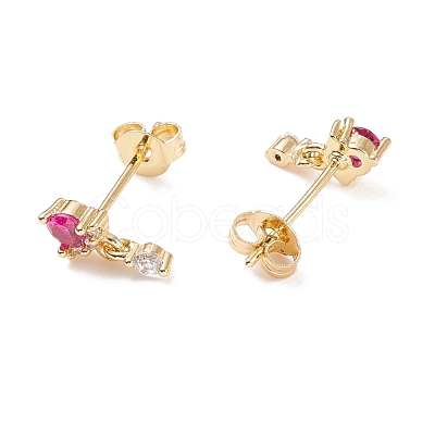 Deep Pink Cubic Zirconia Flat Round Dangle Stud Earrings EJEW-C029-03G-1