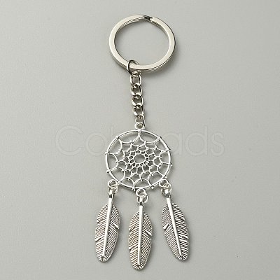 Woven Net/Web with Feather Pendant Alloy Keychain KEYC-WH0004-74AS-1