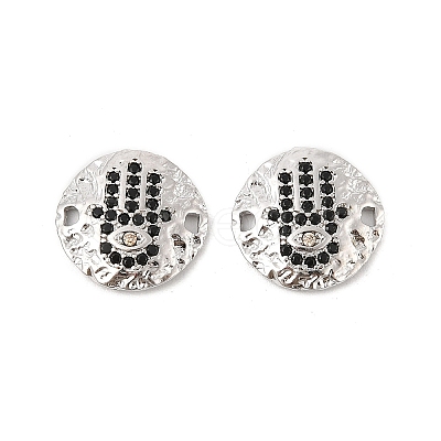Brass Micro Pave Black Cubic Zirconia Disc with Hamsa Hand Connector Charms KK-P300-24P-02-1