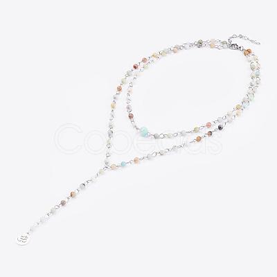 Natural Flower Amazonite Lariat Necklaces NJEW-JN01961-02-1