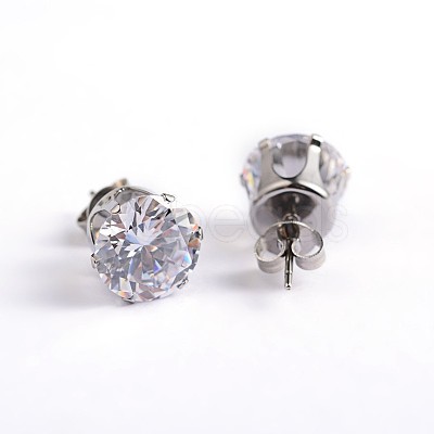 Flat Round 304 Stainless Steel Cubic Zirconia Stud Earrings EJEW-H306-38-4mm-A-1