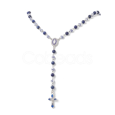 Handmade Blue and White Porcelain and Dyed Natural Lapis Lazuli Round Rosary Bead Necklaces NJEW-JN05750-1