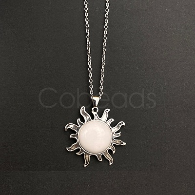Natural White Jade Sun Pendant Alloy Chain Vintage Necklaces WB3716-5-1