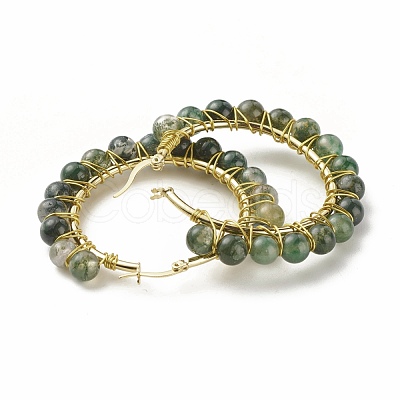 Natural Moss Agate Beaded Hoop Earrings for Women EJEW-C003-03G-RS-1