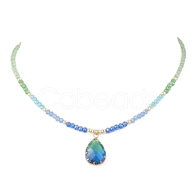 2Pcs 2 Styles Blue K9 Glass Teardrop Heart Pendant Electroplated Glass Faceted Rondelle Beaded Necklaces NJEW-JN05751-1