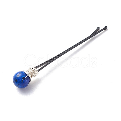 Eco-Friendly Copper Wire Wrapped Round Gemstone Hair Bobby Pin OHAR-JH00025-02-1