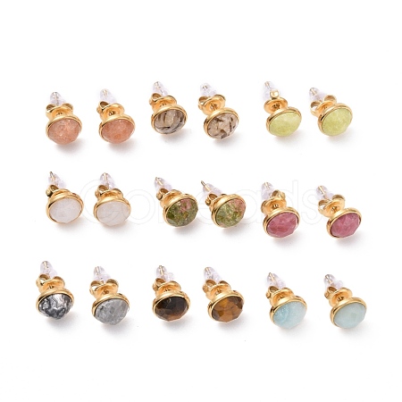 Ion Plating(IP) Natural Gemstone Flat Round Stud Earrings EJEW-G313-01G-1