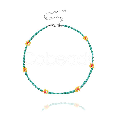 Bohemian Daisy Flower Glass Seed Beaded Necklaces with Alloy End Chains FS-WGC49A6-14-1