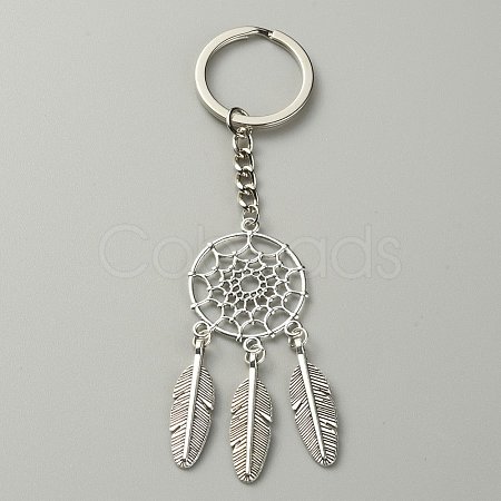 Woven Net/Web with Feather Pendant Alloy Keychain KEYC-WH0004-74AS-1