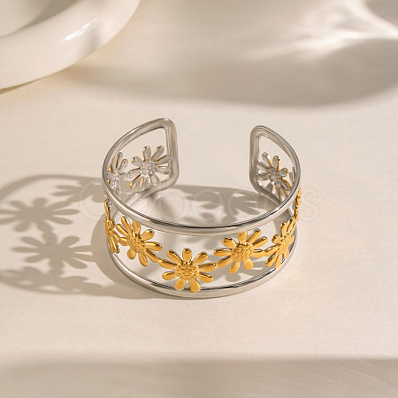 304 Stainless Steel Vintage Daisy Flower Hollow Open Cuff Bangles for Women HL3157-2-1