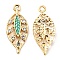 Zinc Alloy Pendants, with Enamel and Rhinestone, Golden, Hollow, Leaf Charm, Turquoise, 24.5x10.5x2.2mm, Hole: 1.8mm