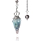 Natural Aquamarine Chip & Resin Dowsing Pendulum Big Pendants, with Platinum Plated Metal Crown, Cone Charm, 300mm