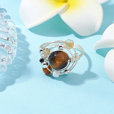 Planet Natural Amethyst & Tiger Eye & Citrine & Apatite & Green Aventurine Finger Rings RJEW-TA00165-1
