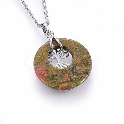 Natural Unakite Flat Round Pendants G-I357-A07-1