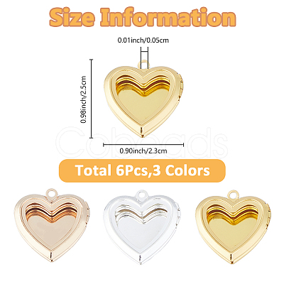 6Pcs 3 Colors Brass Locket Pendants KK-FH0007-49-1