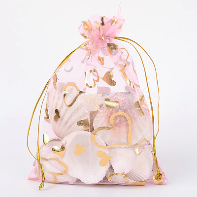 PandaHall Elite 100Pcs Gold Stamping Heart Organza Gift Bags OP-PH0001-37B-1