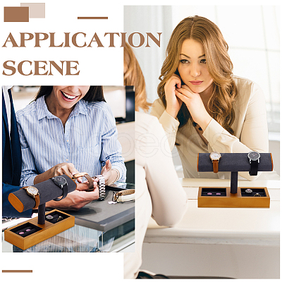 T-Shaped Bar Wood with Velvet Watch Organizer Display Stands with Rectangle Trays for Rings ODIS-PH0009-16A-1