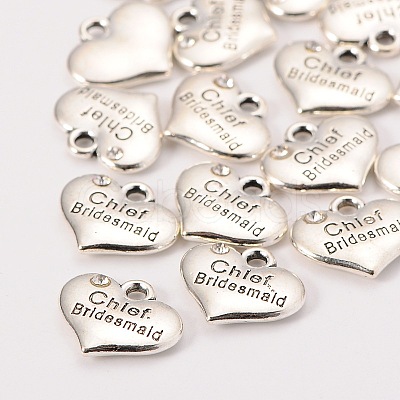 Wedding Theme Antique Silver Tone Tibetan Style Alloy Heart with Chief Bridesmaid Rhinestone Charms TIBEP-N005-21D-1