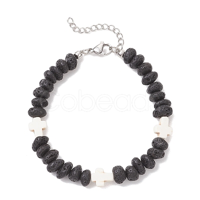 Synthetic Turquoise Cross & Natural Lava Rock Nuggets Beaded Bracelets BJEW-JB12193-01-1