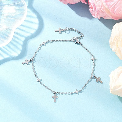 3Pcs 3 Styles 304 Stainless Steel Cross Link Chain Anklets AJEW-AN00739-1
