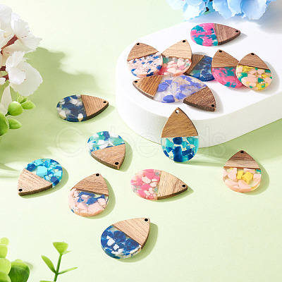 16Pcs 8 Colors Resin and Walnut Pendants FIND-TA0006-39-1