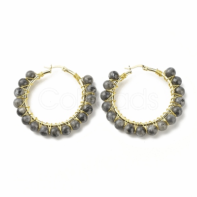 Natural Larvikite Beaded Hoop Earrings for Women EJEW-C003-03M-RS-1