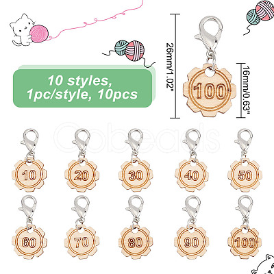 10Pcs 10 Style Flower with Number Wood Pendant Locking Stitch Markers HJEW-AB00644-1
