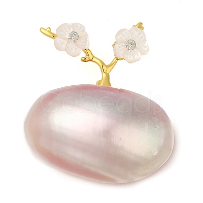 Oval & Peach Blossom Dyed Natural White Shell Brooches for Women JEWB-E031-01G-01-1