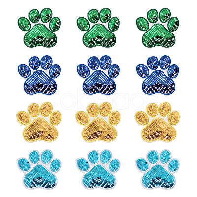12Pcs 4 Colors Pawprint Polyester & Sequin Cloth Iron on Sew on Patches PATC-TA0001-63-1