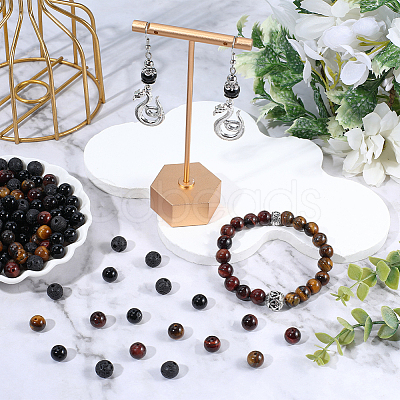 DIY Natural Black Onyx & Lava Rock & Tiger Eye Round Beads Bracelets Making Kits DIY-SC0030-25-1