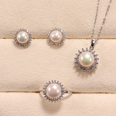 Flower Brass Micro Pave Clear Cubic Zirconia with Natural Freshwater Pearl Pendant Necklace & Stud Earrings & Finger Ring WG8FE37-01-1