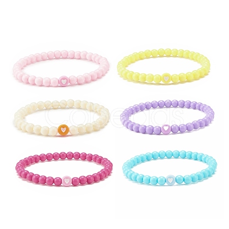 6Pcs 6 Color Flat Round with Heart Acrylic Beaded Stretch Bracelets Set for Women BJEW-JB08062-1