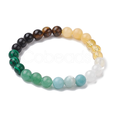 8mm Round Natural Tiger Eye & Topaz Jade & Golden Sheen Obsidian & Quartz Crystal & Green Aventurine & Amazonite BJEW-JB10624-01-1