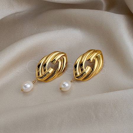 304 Stainless Steel Freshwater Pearl Dangle Stud Earrings for Women EE7584-1