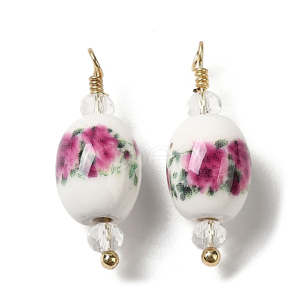 Handmade Floral Printed Porcelain Pendants KK-P242-19G-01-1