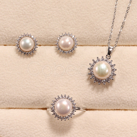 Flower Brass Micro Pave Clear Cubic Zirconia with Natural Freshwater Pearl Pendant Necklace & Stud Earrings & Finger Ring WG8FE37-01-1