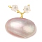 Oval & Peach Blossom Dyed Natural White Shell Brooches for Women, with Brass & Rhinestone, Real Gold Plated, Flamingo, 33x36x12.5mm