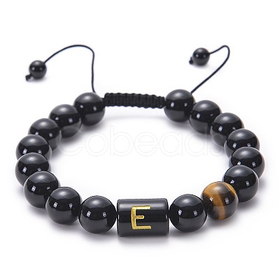10MM Natural Black Onyx(Dyed & Heated) and Tiger Eye Alphabet Round Braided Bead Adjustable Bracelets for Women DM6424-5-1