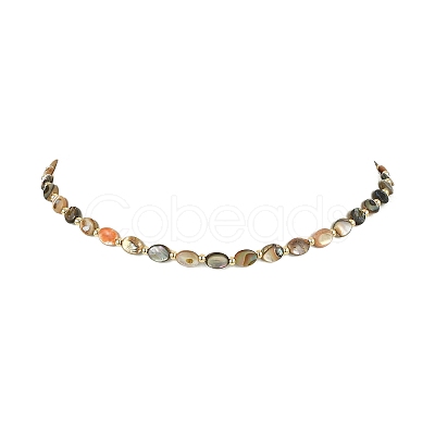 Natural Paua Shell Oval Beaded Necklaces with Brass End Chains for Men Women NJEW-JN06043-1