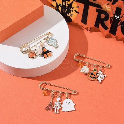 3Pcs 3 Style Halloween Skull & Ghost & Pumpkin Enamel Safety Pin Brooch JEWB-TA00012-1