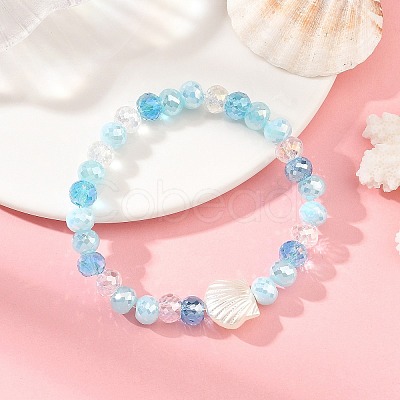 Ocean ABS Plastic Imitation Pearl Shell Shape Electroplate Glass Faceted Rondelle Beaded Stretch Bracelets for Women BJEW-JB14386-01-1