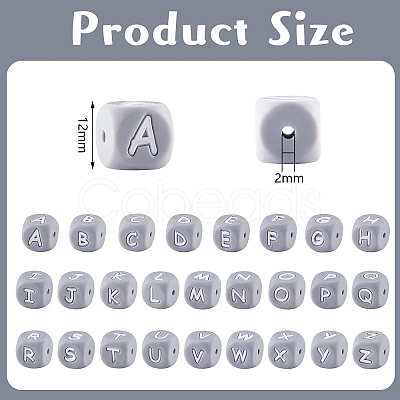20Pcs Grey Cube Letter Silicone Beads 12x12x12mm Square Dice Alphabet Beads with 2mm Hole Spacer Loose Letter Beads for Bracelet Necklace Jewelry Making JX436N-1