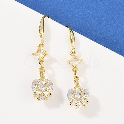 Brass Micro Pave Clear Cubic Zirconia Heart Dangle Earrings EJEW-C156-02G-1