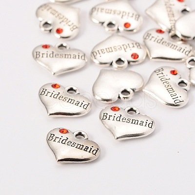 Wedding Theme Antique Silver Tone Tibetan Style Heart with Bridesmaid Rhinestone Charms TIBEP-N005-04B-1