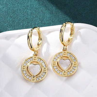 Heart with Flat Round Brass Micro Pave Clear Cubic Zirconia Hoop Earrings KK-D363-11A-G-1
