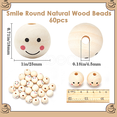 60Pcs Printed Natural Wood European Beads WOOD-GF0002-19B-1