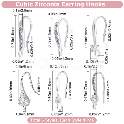 24Pcs 6 Styles Brass Micro Pave Clear Cubic Zirconia Earring Hooks KK-BBC0024-46-1