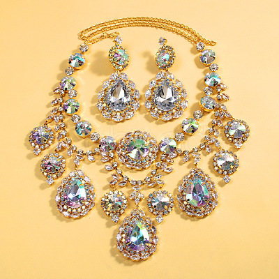 Teardrop Brass Rhinestone Pendant Necklaces & Stud Dangle Earrings Sets FS-WGA5087-01-1