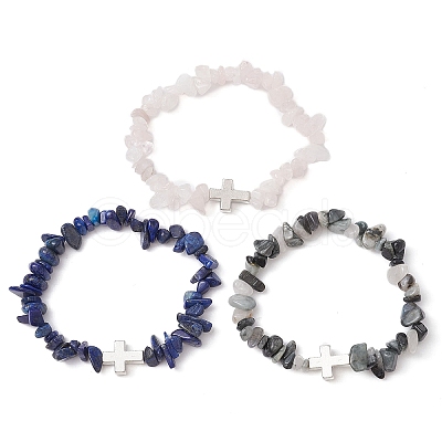 3Pcs 3 Style Natural Mixed Gemstone Chips Beaded Stretch Bracelets Set BJEW-TA00392-1