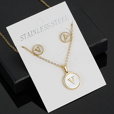 304 Stainless Steel with Natural Shell Pendant Necklaces & Stud Earrings Sets FS-WG5FD70-22-1